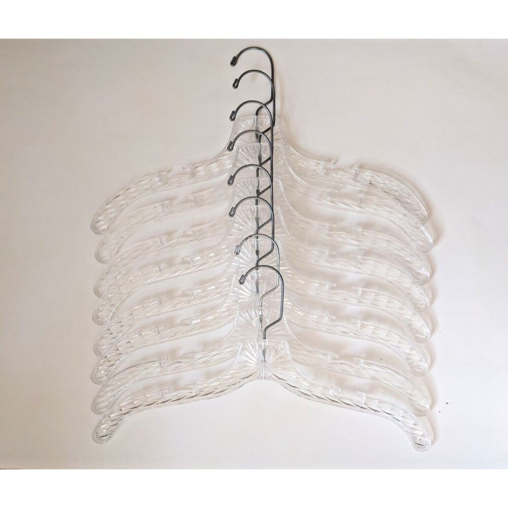 Vintage MCM Clear Plastic Ice Crystal Star Burst Prism Clothes Hangers Set of 8